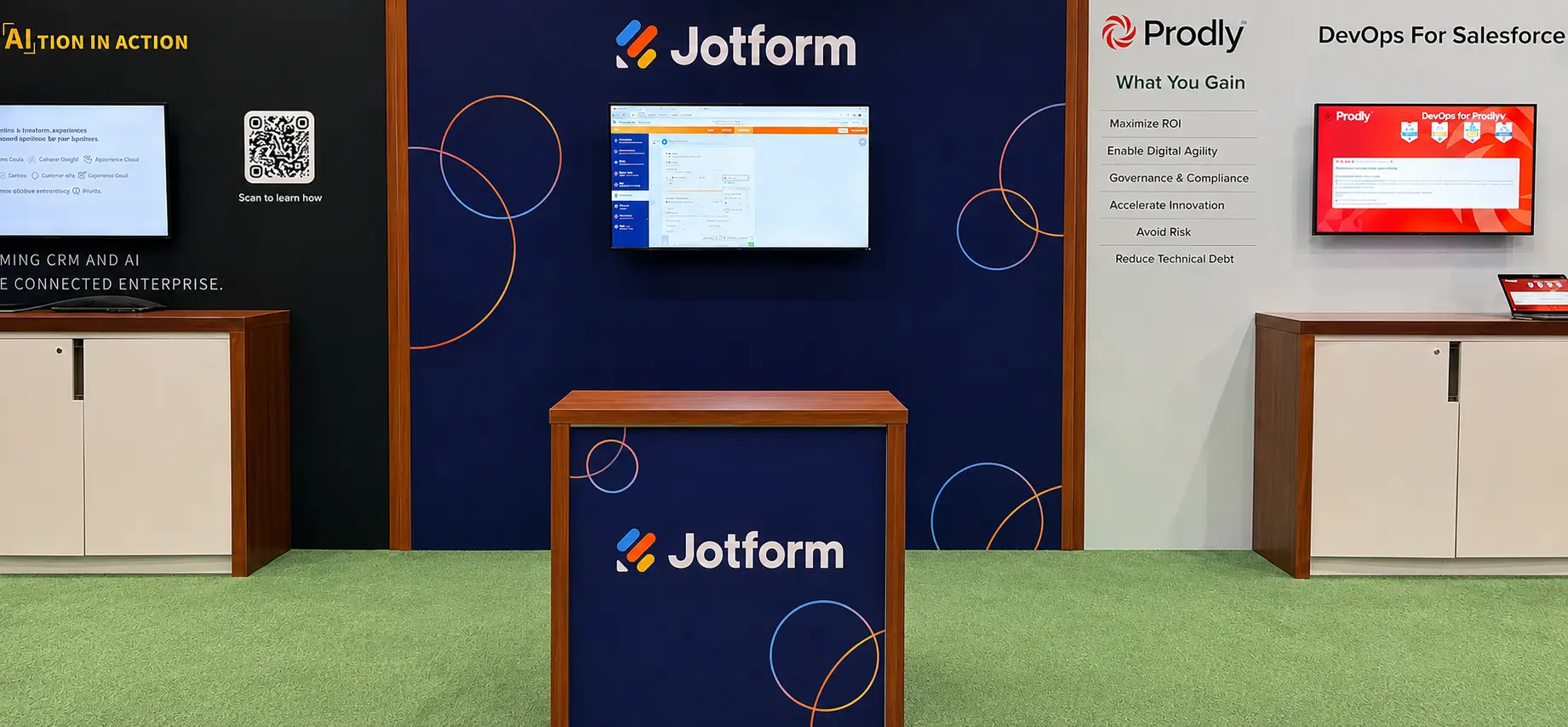 The Jotform booth at Dreamforce 2024, with demo screens and the branded demo counter