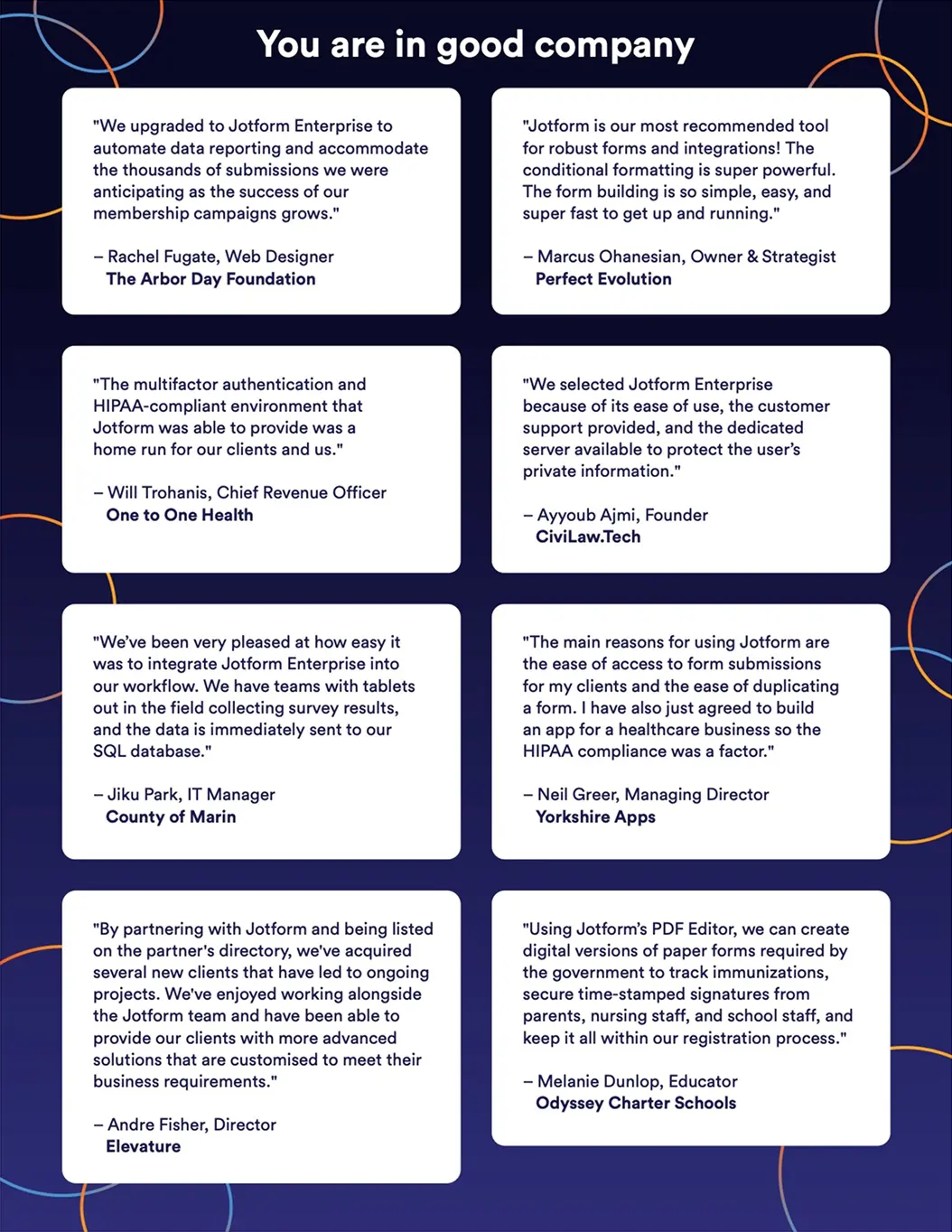 Partnership flyer back: You are in good company, with quotes from partners working with Jotform