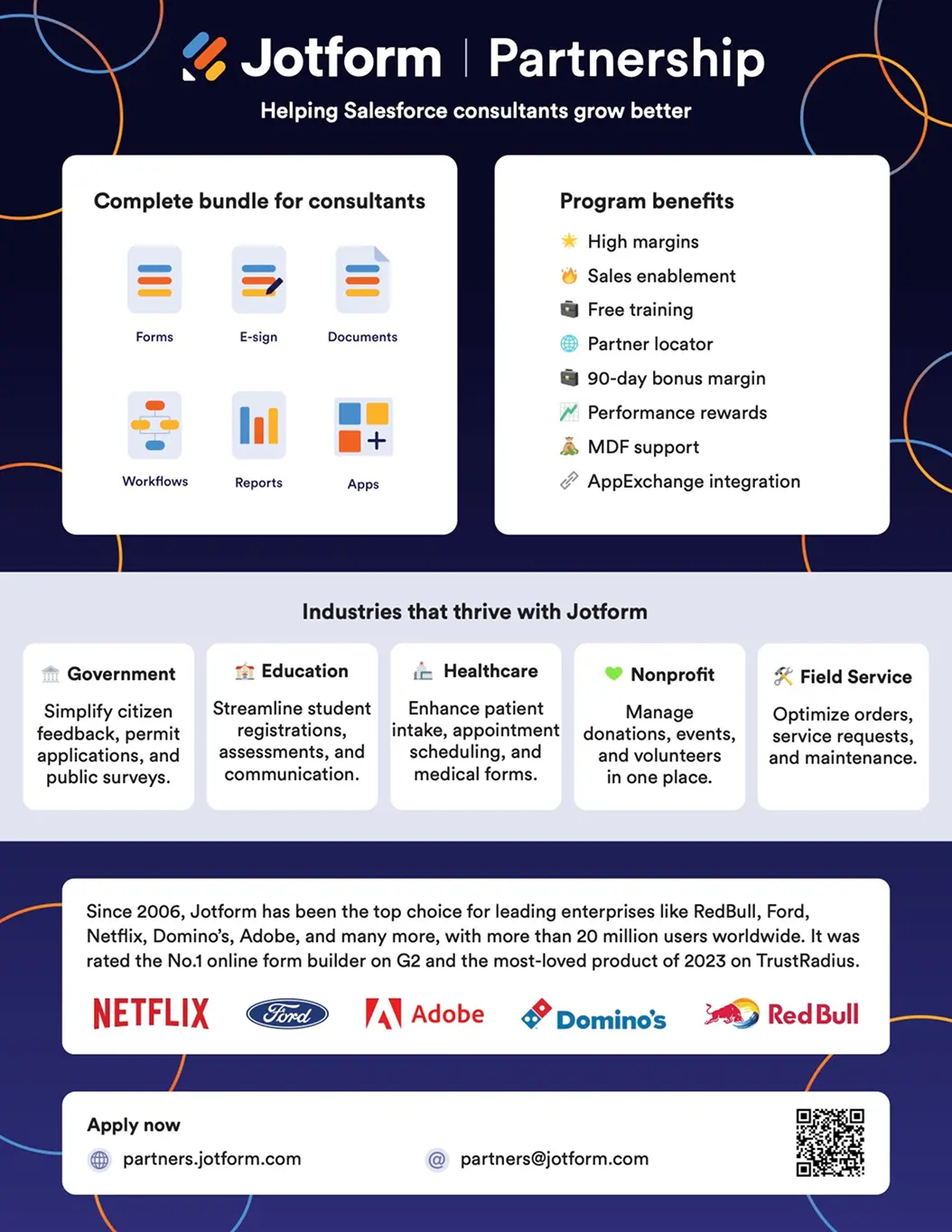 Partnership flyer front: Jotform Partnership program bundle, benefits, industries, and how to apply