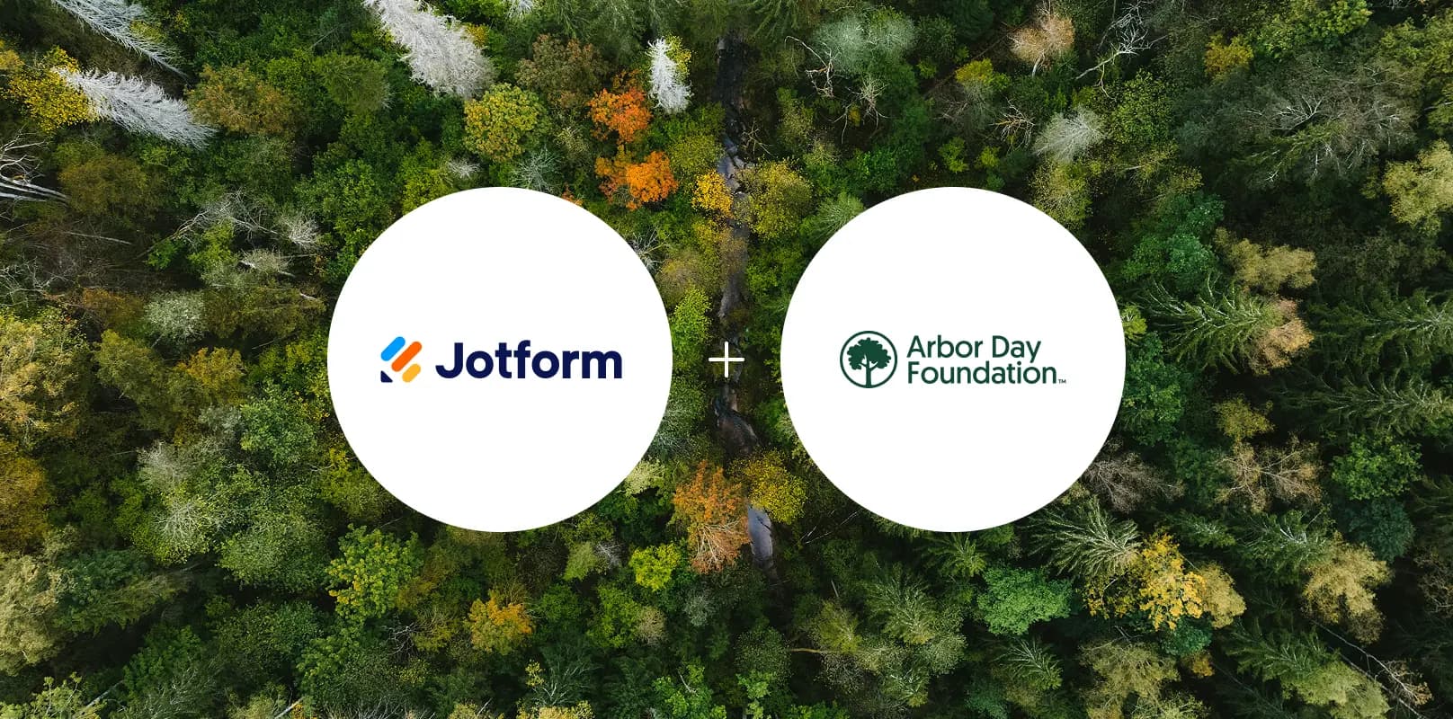 Jotform and Arbor Day Foundation logos paired over an aerial view of a mixed autumn forest