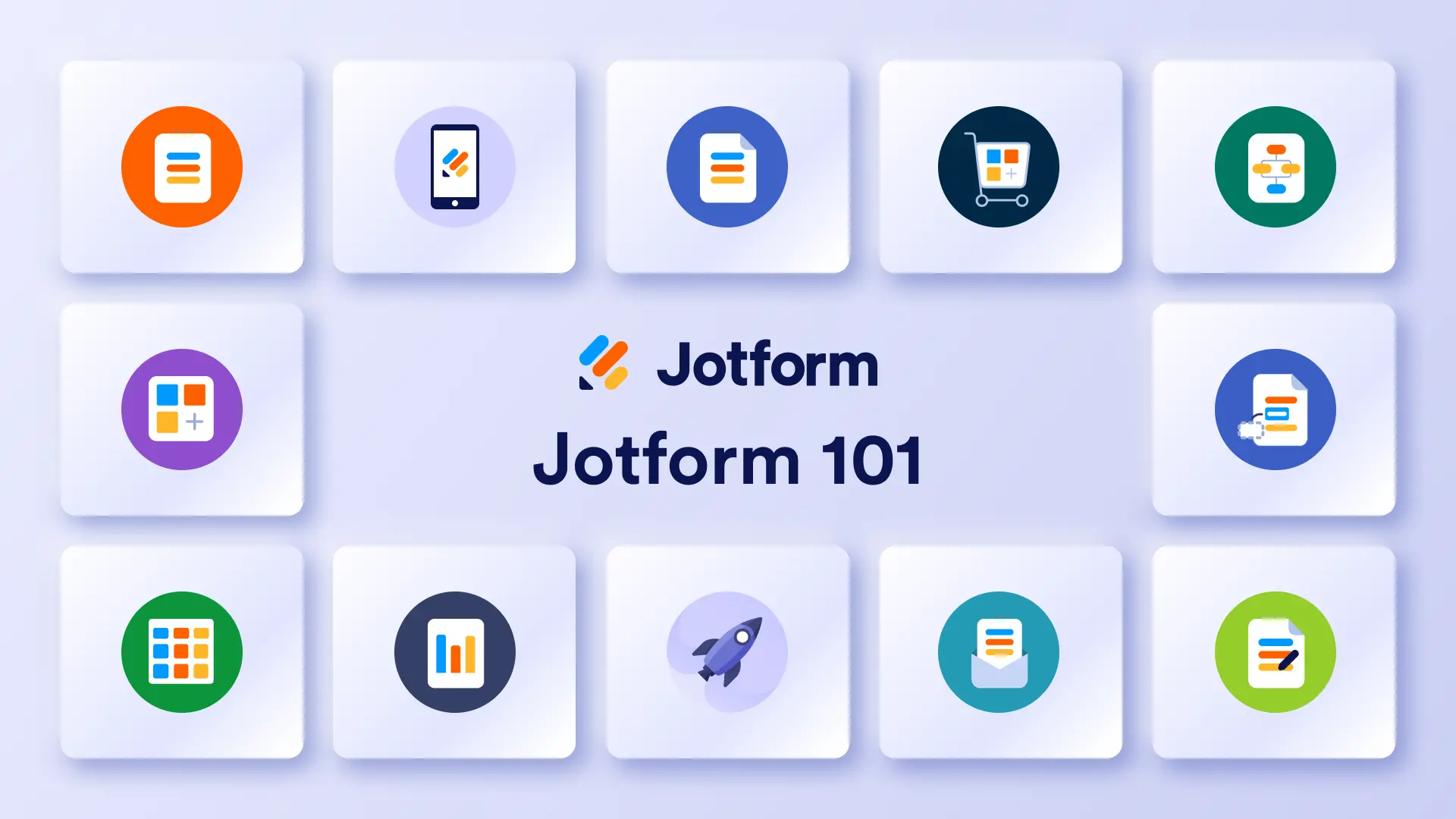 Webinar cover: Jotform 101, surrounded by a grid of product icons