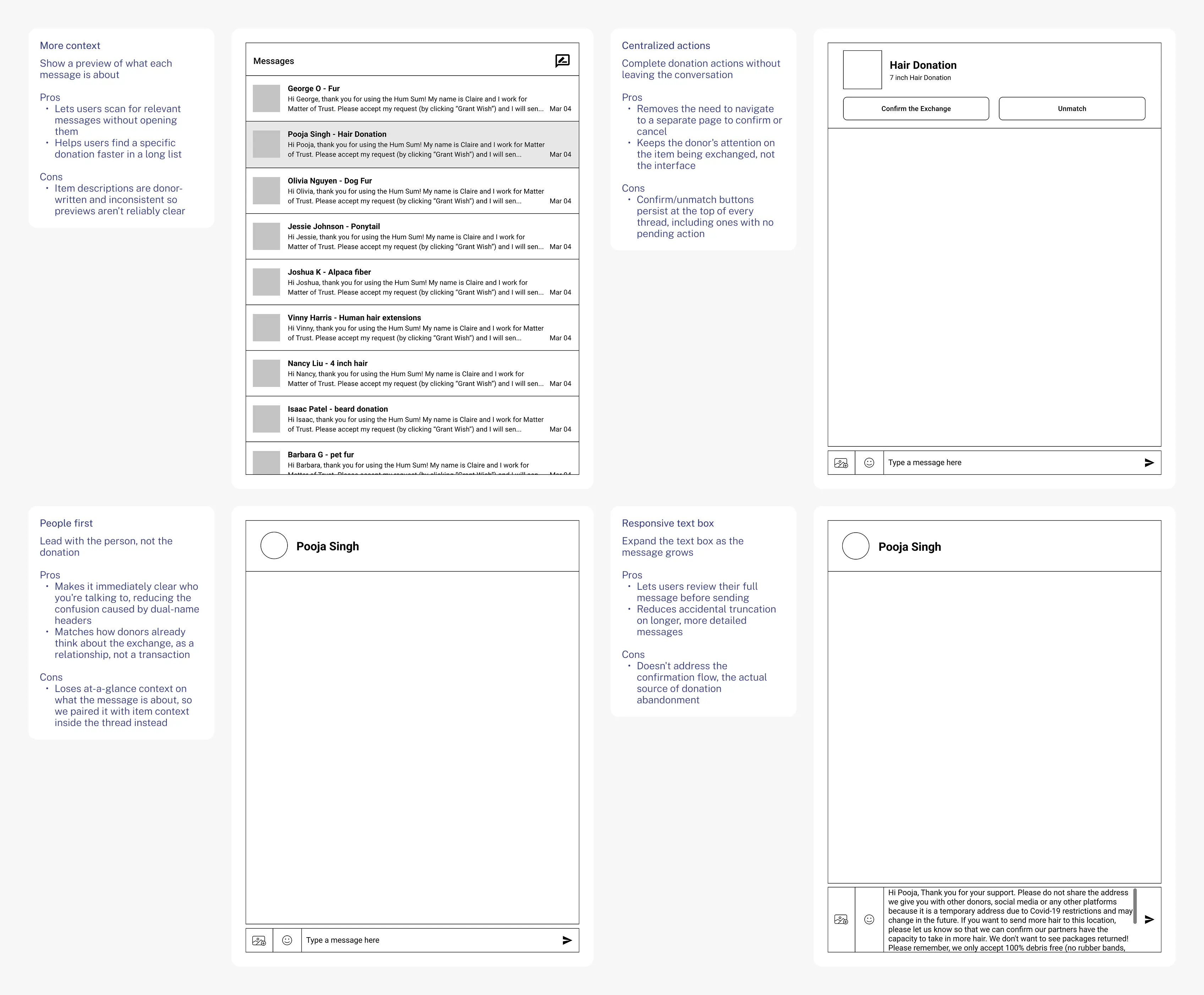 Ideation explorations showing message previews for more context and centralized donation actions inside the conversation