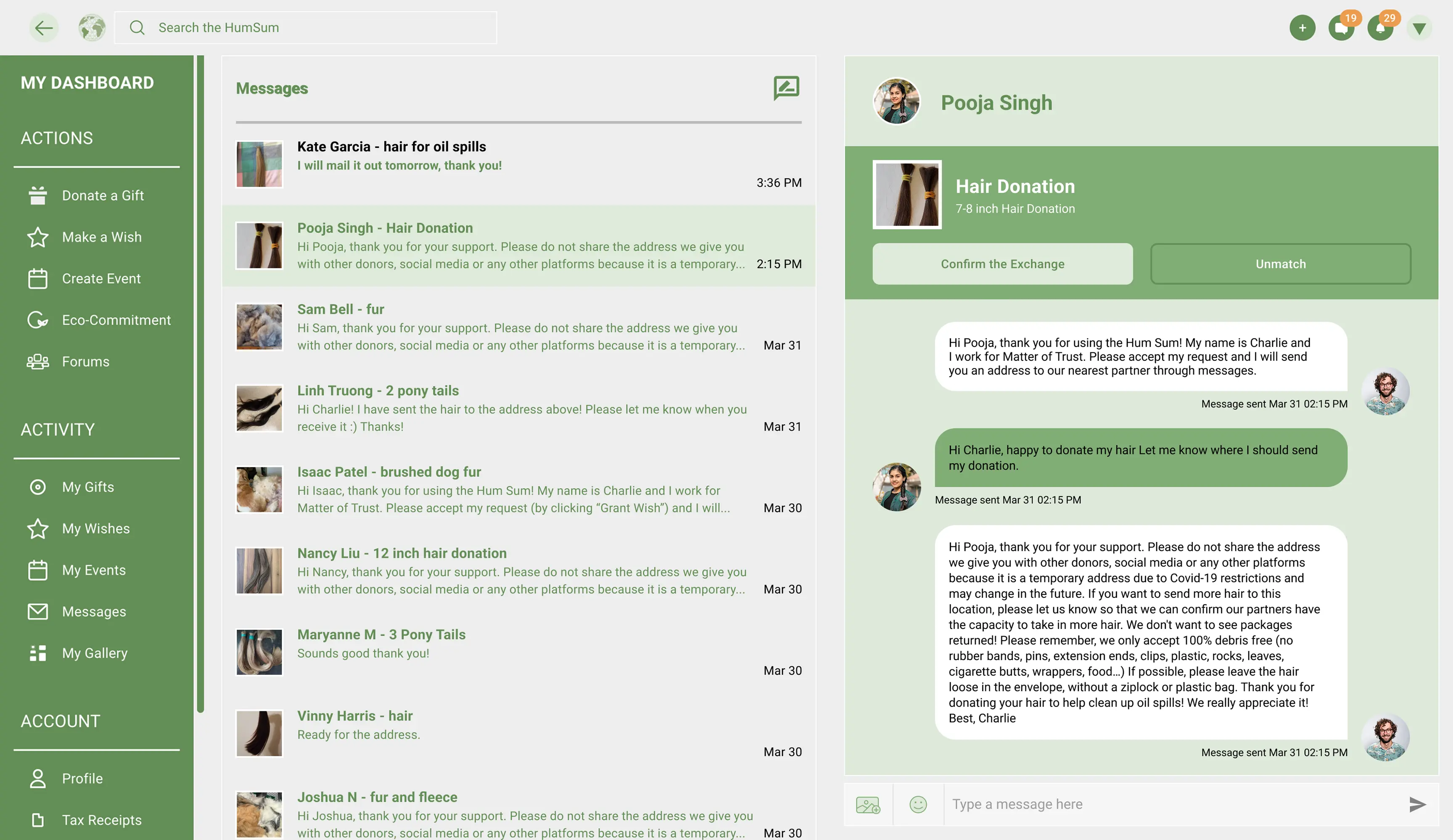 Redesigned Hum Sum messaging thread with a confirm the exchange button embedded in the conversation