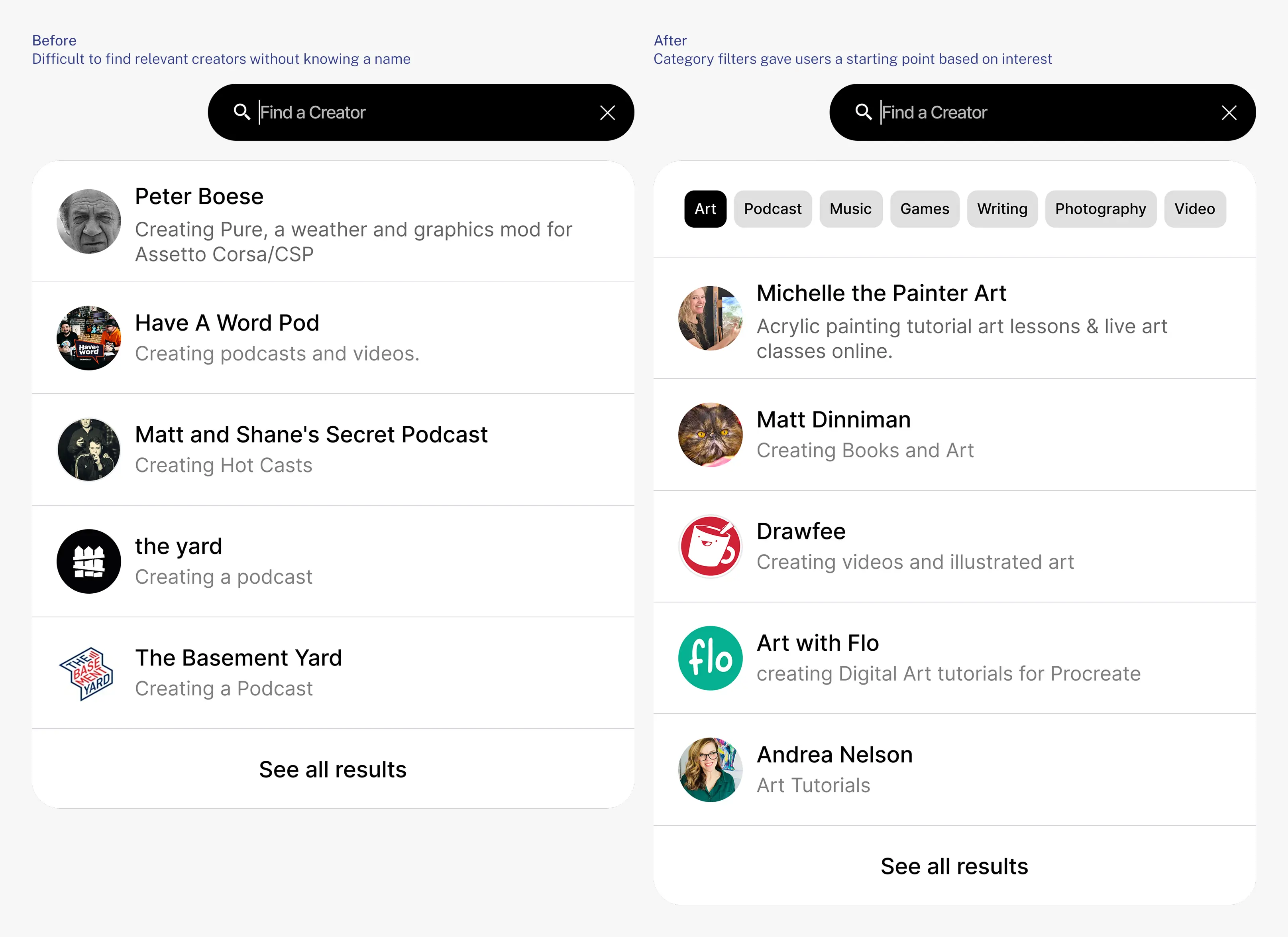 Before and after comparison showing the improved creator discovery experience with category filters