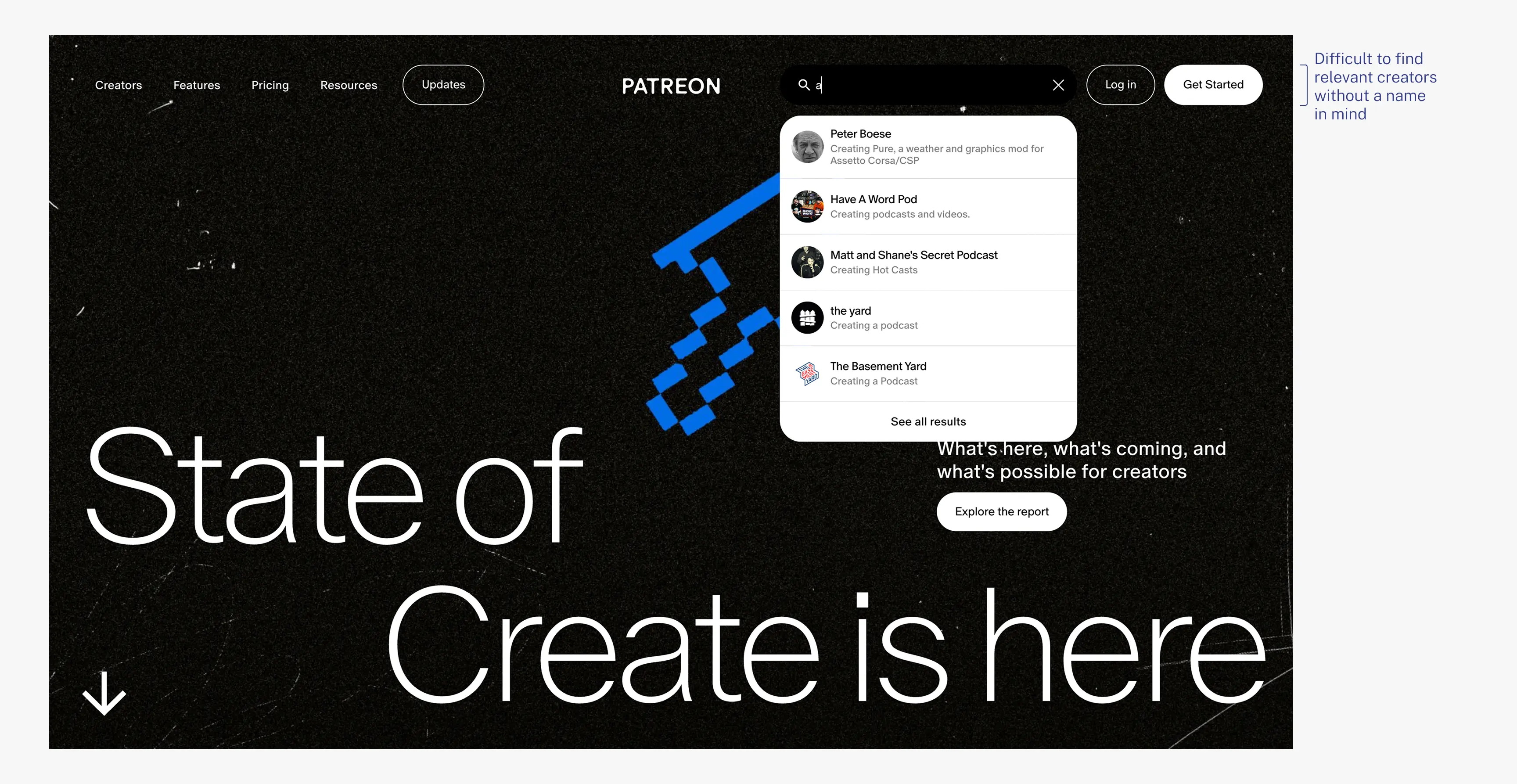 Patreon's discovery experience showing search results with limited guidance for casual users