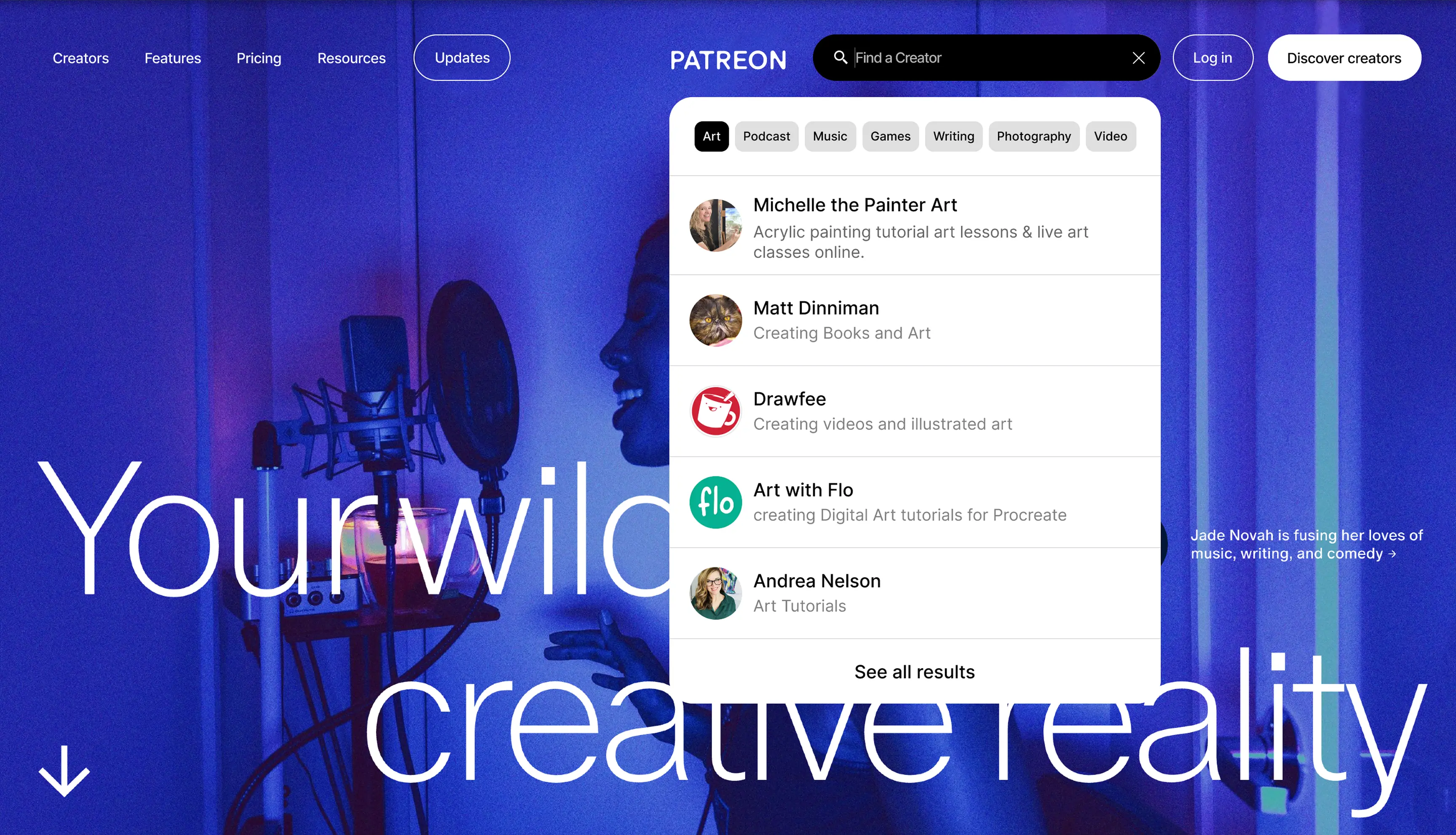 Patreon's discovery interface with category filters: Art, Podcast, Music, Games, Writing, Photography, Video